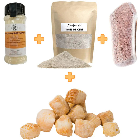 Box mastication pour chien senior Pack taille S (1 bois de cerf tranché S + 1 distributeur de fromage en poudre + 1 sachet de poudre de bois de cerf + 1 sachet de fromage Crunchy) Chiens de 5 à 10 Kg